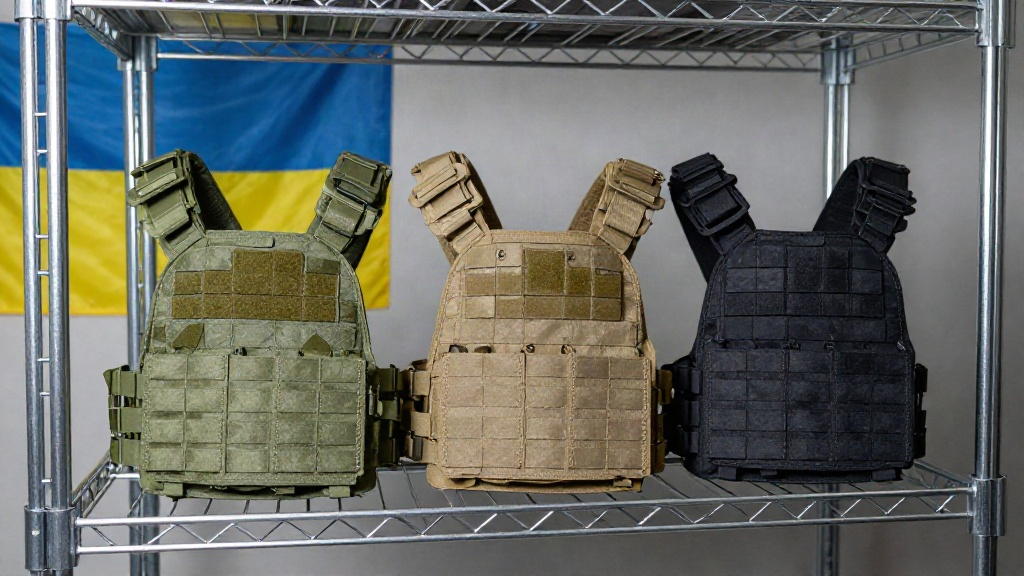 Три тактичні плитоноски на металевій полиці