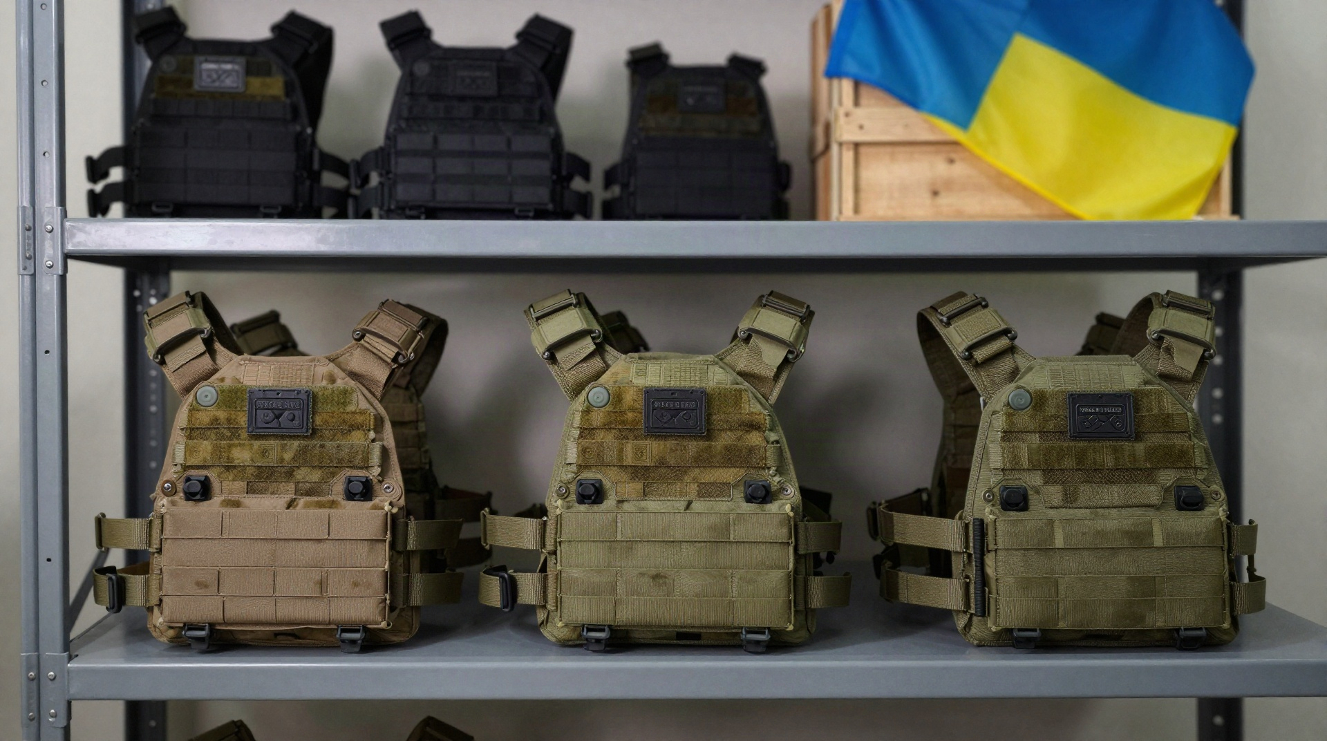 Стелаж з тактичними плитоносками, де на передньому плані розміщені основні моделі Core, а на задньому — тестові зразки.